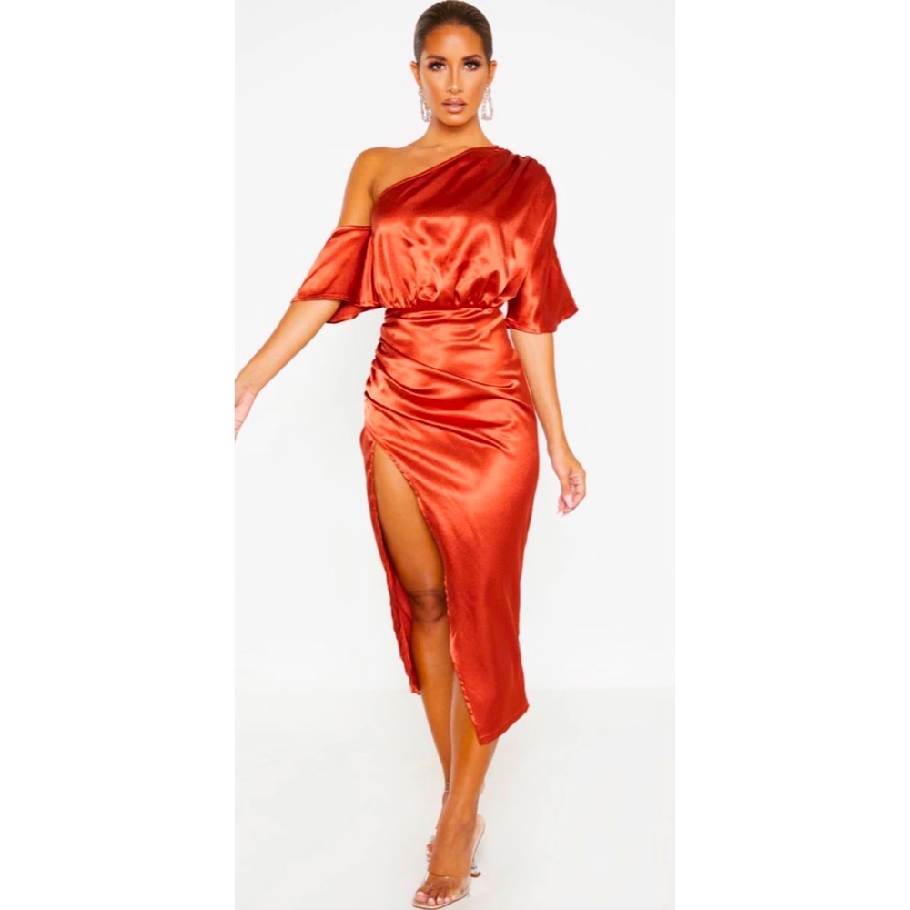 Rust Satin One Shoulder Ruched Skirt Midi Dress